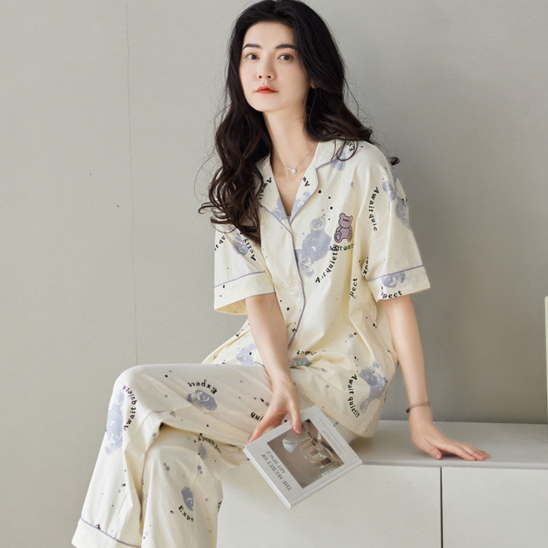 100% pijamas de algodón de verano de las mujeres pantalones de manga corta cardigan dulce verano Delgado homewear traje