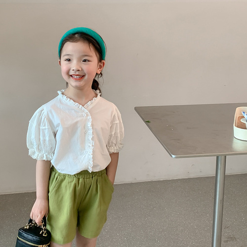 艾摩贝贝儿童韩版泡泡袖短袖上衣2023夏款女童气质蕾丝花边白衬衫