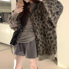 美式复古风宽松豹纹提花毛衣外套女2025秋冬加厚慵懒风针织开衫
