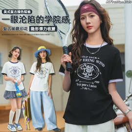 B2青少年T恤2026夏季新款女大童复古印花短袖宽松初中生撞色上衣