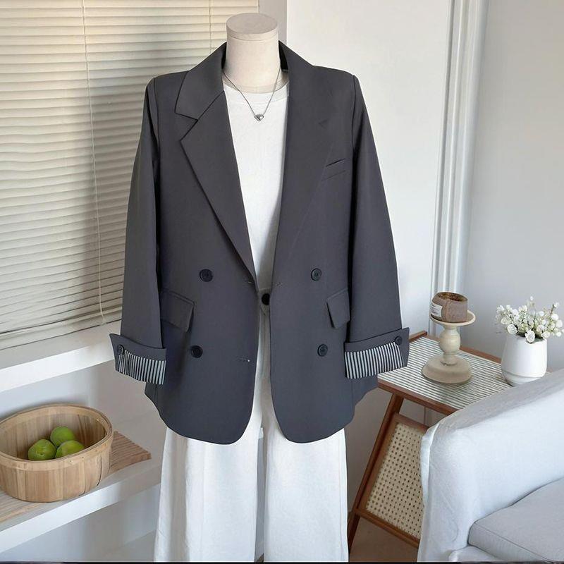 Gray blazer for women, spring and autumn, loose fit, Korean style, casual, slimming, double-breasted, suitable for work