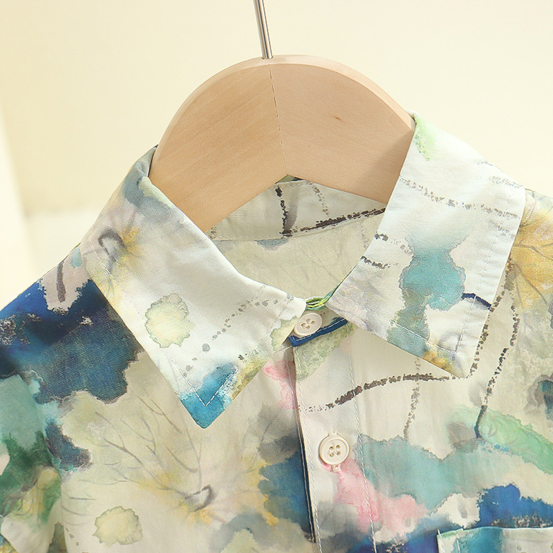 7847 Camisa de manga corta de verano para niños 2025 Camisa de pintura en tinta guapa para niños de nuevo estilo Camisa de media manga para bebés Tapa fina