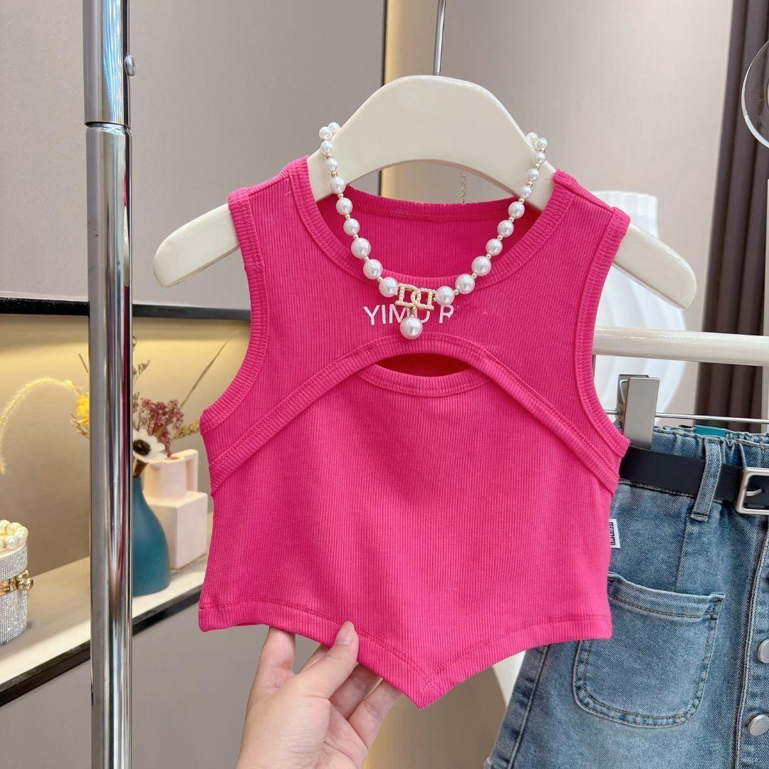 Summer 2023 New Arrival Girls' Irregular Vest, Korean-style Chic Kids' Hollowed-Out Design, Sleeveless Vest – Model 0045