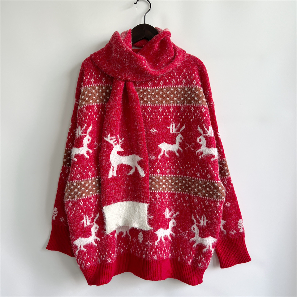 Damen Weihnachtspullover Mit Schal Im Rentier- Und Schneeflockenmuster_voghion.com