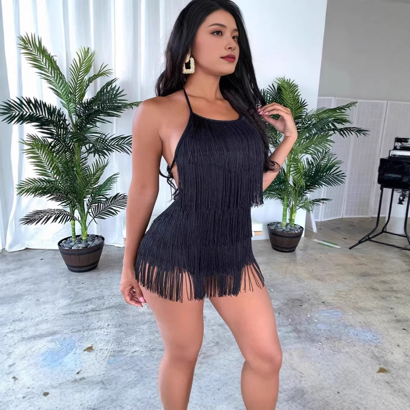 2025 European and American New Cross-Border Amazon Women's Clothing Sexy Backless One-Piece European and American Foreign Trade Tassel Nightclub Performance Outfit
