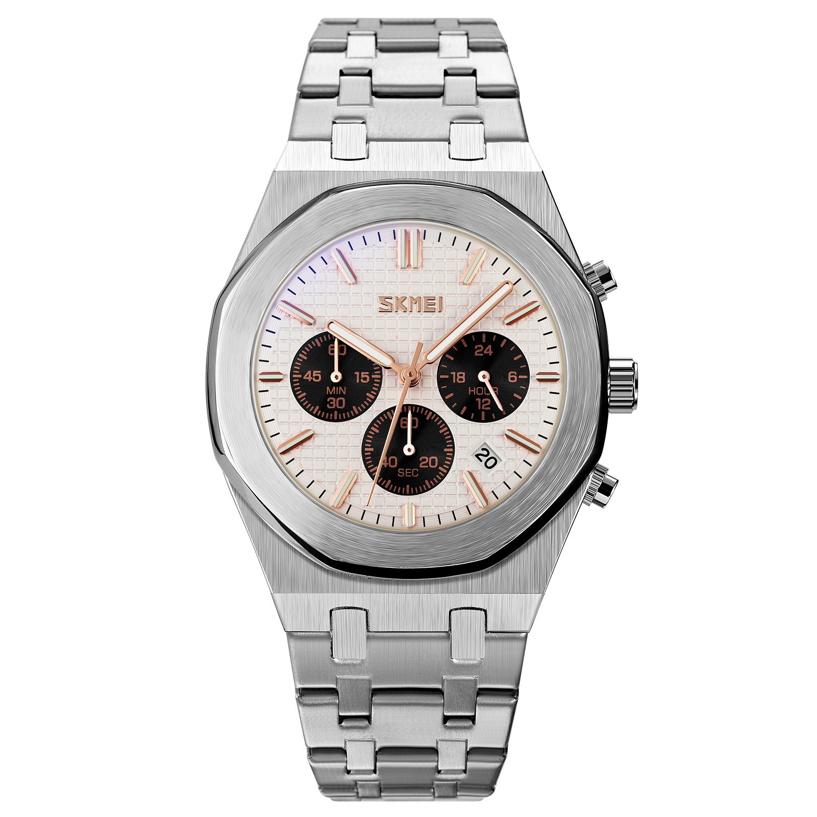 Momento de los relojes de pulsera de tres ojos seis agujas multifuncional correa de acero para hombres reloj de cuarzo impermeable suministro transfronterizo