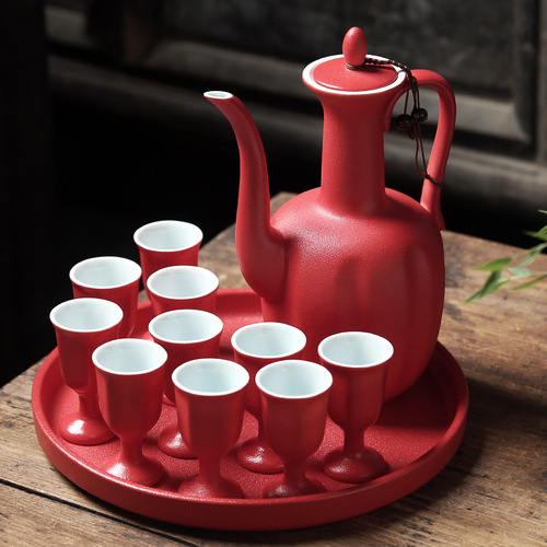 PK7J Wholesale Wine Pot, Wedding Banquet Toasting Cups, Festive Wine Dispenser, Red Ceramic Wine Set for Bridal Celebrations, Chinese Style