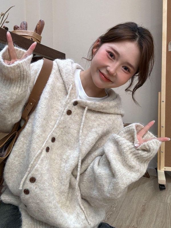 连帽毛衣开衫外套女秋季加厚韩系穿搭宽松慵懒风针织衫软糯上衣|undefined
