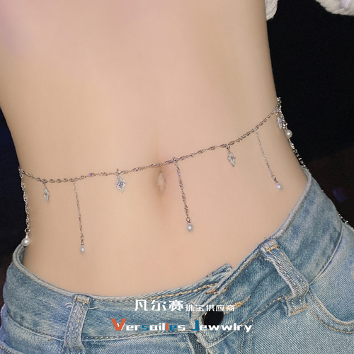 Versa original cross-border waist chain, 18k plated, micro-embellished with brilliant zirconium, versatile and sexy accessory for summer low-waisted pants