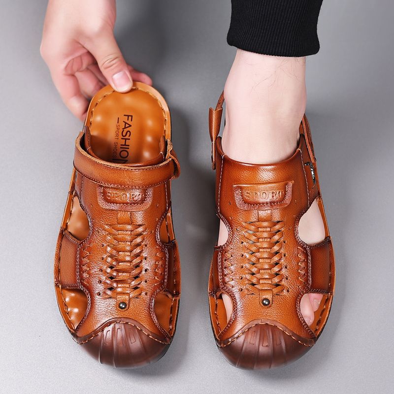 Men's Sandals Men's Genuine Leather 2025 New Summer Casual Baotou Men's Sandals Tendon Sole Anti-Slip Cowhide Beach Shoes