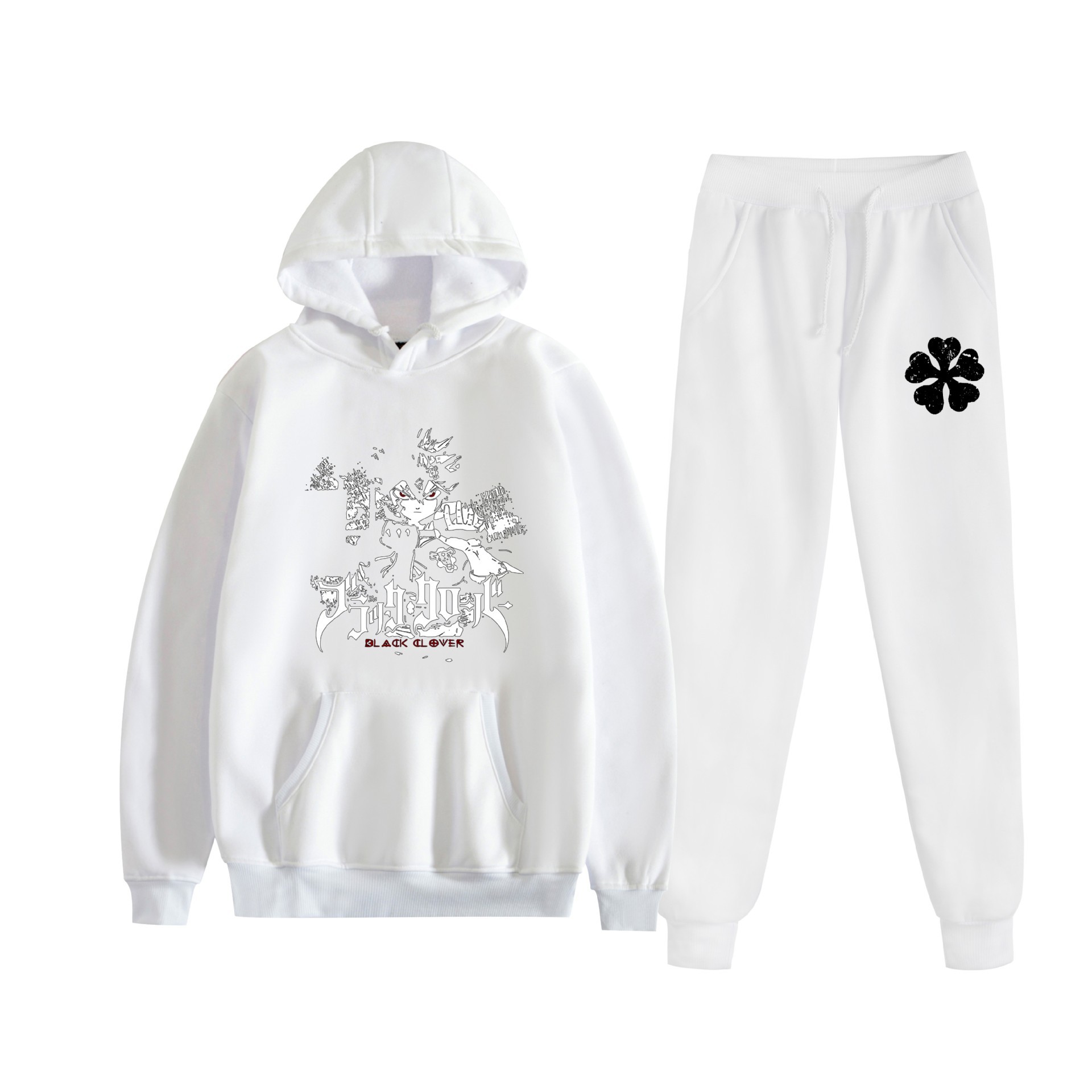 Europa y América otoño e invierno negro trébol de cuatro hojas periférico bidimensional hombres y mujeres deportes de ocio más suéter con capucha de terciopelo traje al por mayor