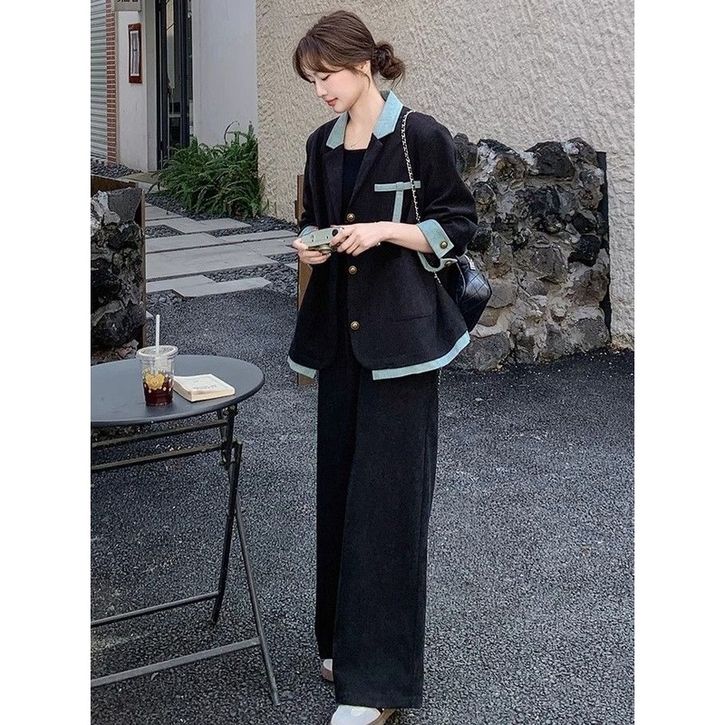 韩版高级感牛仔拼接西装外套阔腿裤两件套女春春秋新款长裤套装|undefined