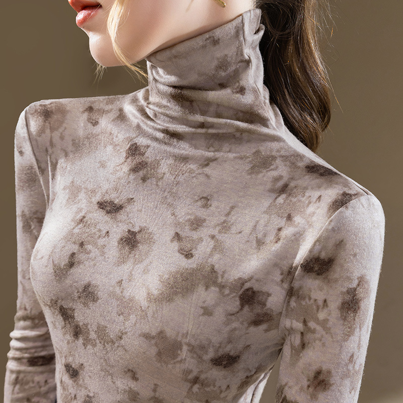 Camisa de fondo de cuello alto para mujer 2023 nuevo estilo europeo ropa de mujer estilo occidental impreso manga larga cepillado camiseta cintura-top interior ajustado