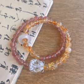 天然草莓晶双圈水晶手链黄塔晶串珠时尚高级感白水晶九尾狐手链女