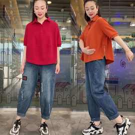 棉洋气纯色短袖牛仔裤两件套2024夏季新款韩版宽松大码女装运动服