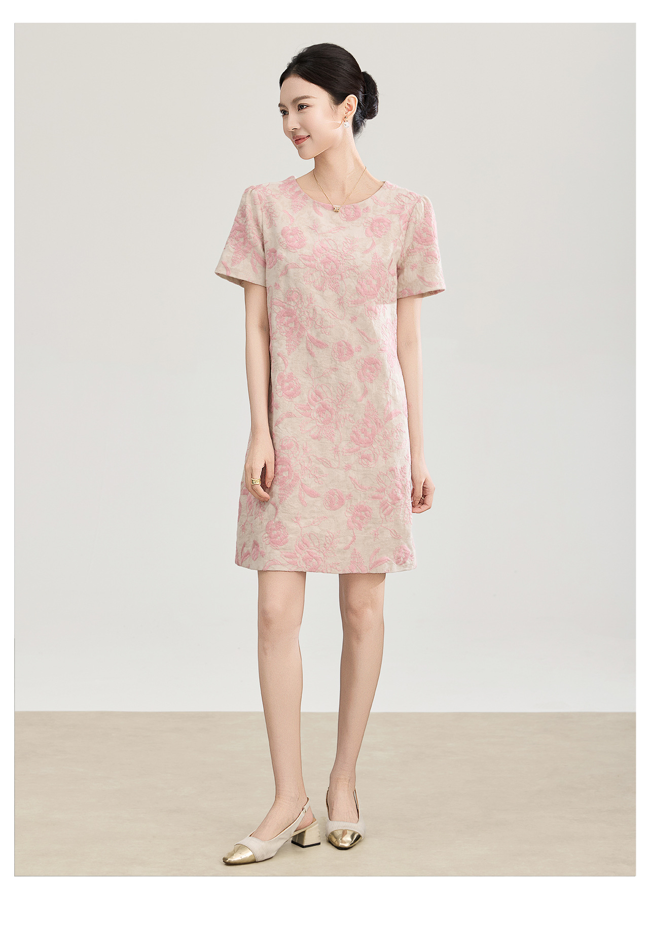 Đầm chữ A thêu jacquard tay ngắn mùa xuân hè — xanh lam chi tiết 11