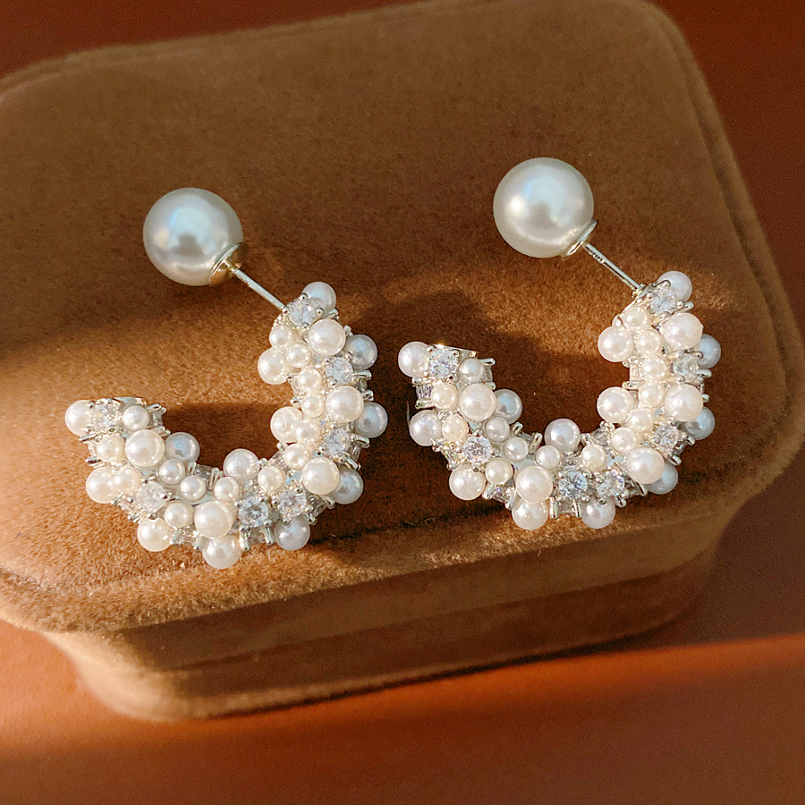 Agujas de plata de piedra de perla redonda en forma de C perlas retrógrado franceses delicados pendientes de lujo ligero de alta sensación de auriculares mayorista image 7