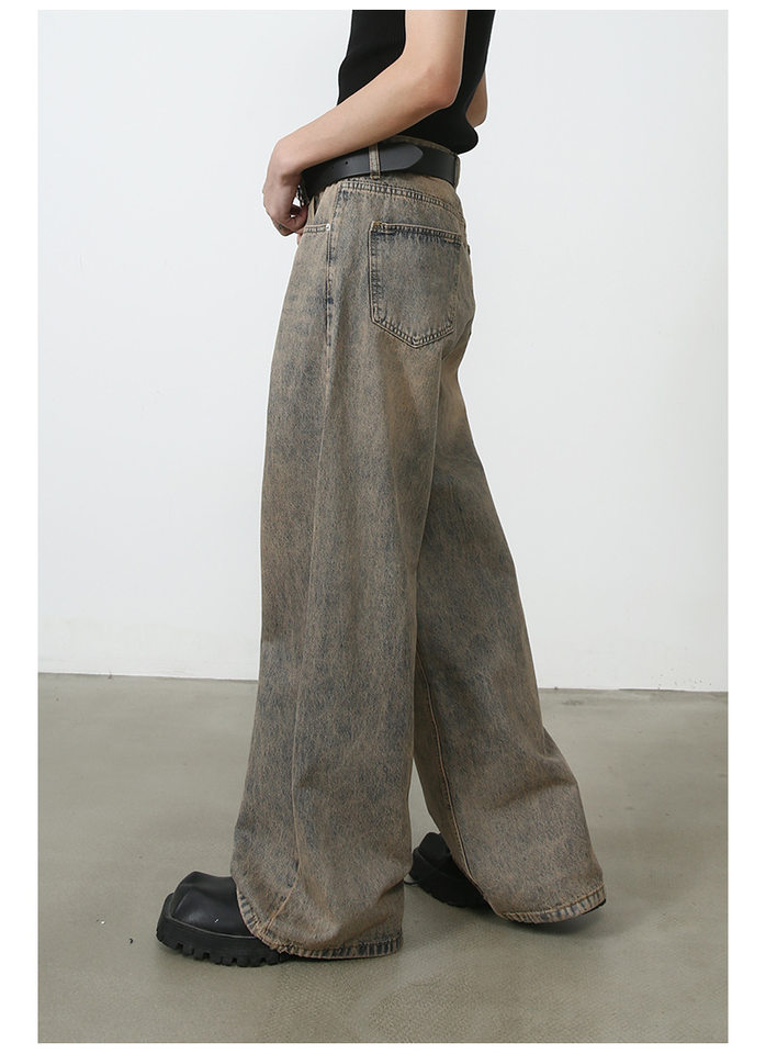 Quần jeans nam ống rộng phong cách retro, dáng suông dài chạm gót, lưng cạp vừa — Vàng gỉ chi tiết 16