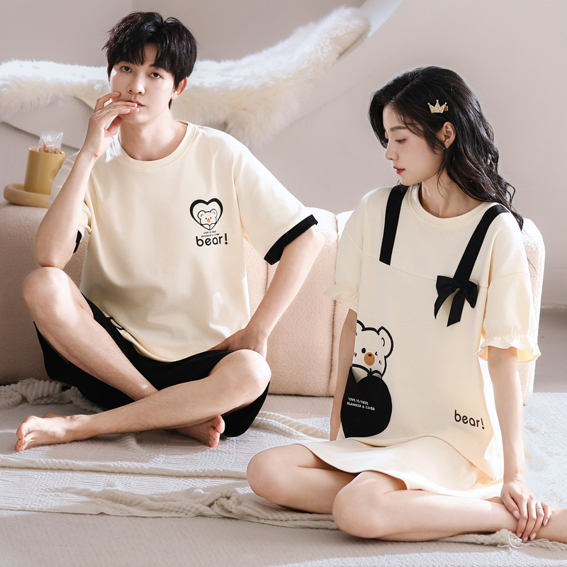 여름 남성면 반팔 반바지 작은 커플 홈 휴식 잠옷 요정 나비 잠옷 가슴 패드