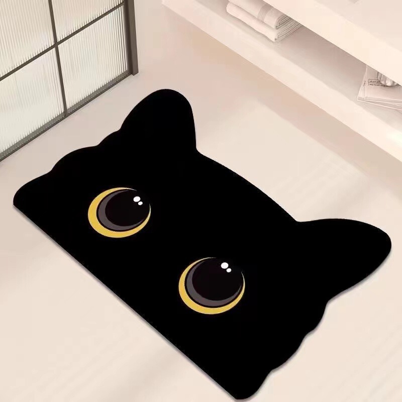 New Cute Cat Diatom Mud Bathroom Floor Mat Bathroom Door Shower Room Stain-Resistant and Easy to Care for Absorbent Foot Mats