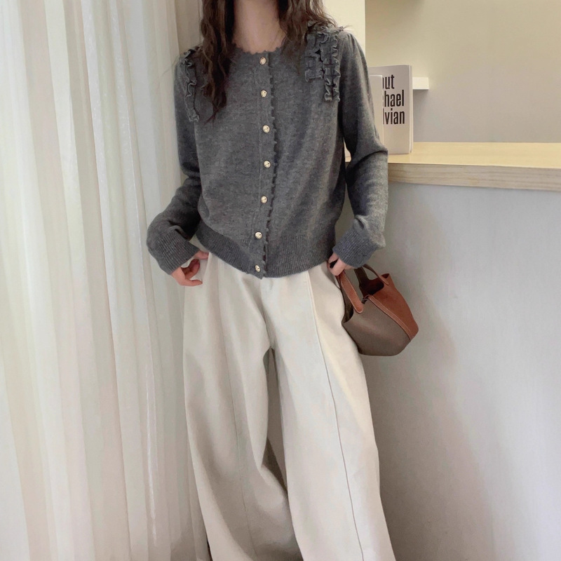 European Station 2025 Autumn/Winter Round Neck Long Sleeve Single-Breasted Shoulder Ruffle Design Knitted Cardigan