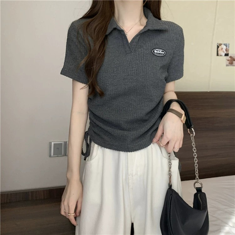 Large size American front shoulder polo neck short sleeved t-shirt for women 2024 new summer chubby mm top design_voghion.com