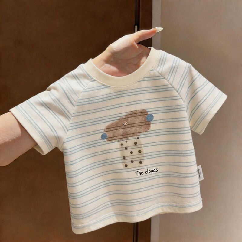 Boys' striped short-sleeve t-shirt, 2026 summer new style, children's pullover round-neck cartoon top Boys' striped short-sleeve t-shirt, 2026 summer new style, children's pullover round-neck cartoon top