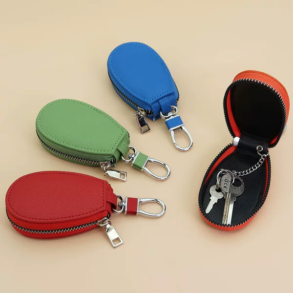 Lambskin Pattern Key Bag, Unisex Leather Zipper Key Bag, Car Key Storage Function Pouch with Double Zipper