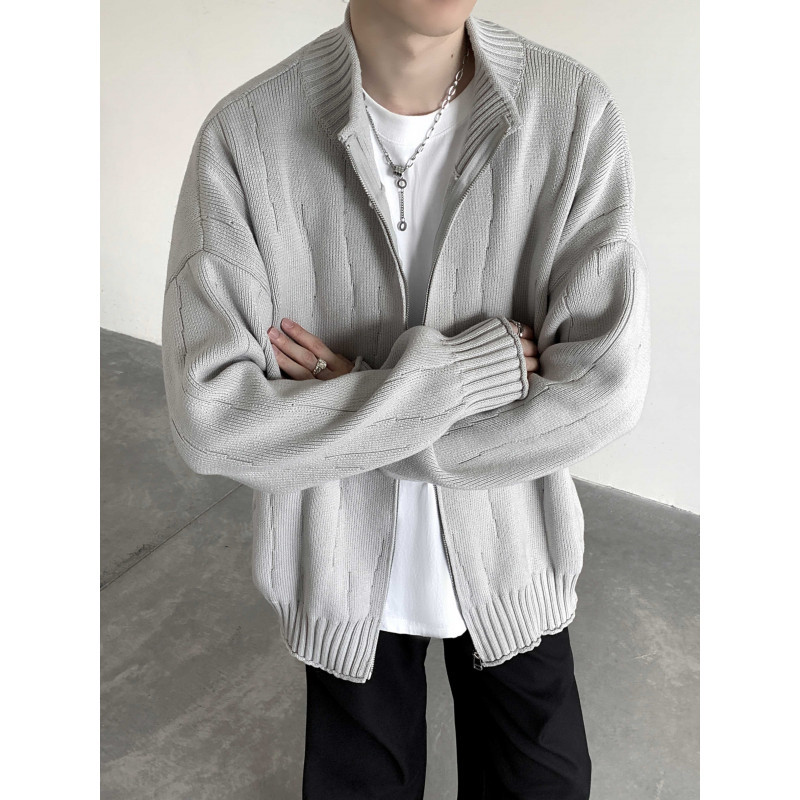 Cardigan suéter hombre otoño invierno tendencia suelta camiseta de punto de viento perezoso vestido exterior chaqueta con cremallera de hombre chaqueta de color sólido