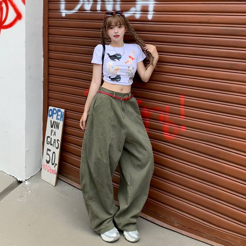 卸売アーミーグリーンアメリカンレトロドレープフロアモップススモールソード男性と女性のルーズカジュアルワイドレッグオーバーオール|undefined