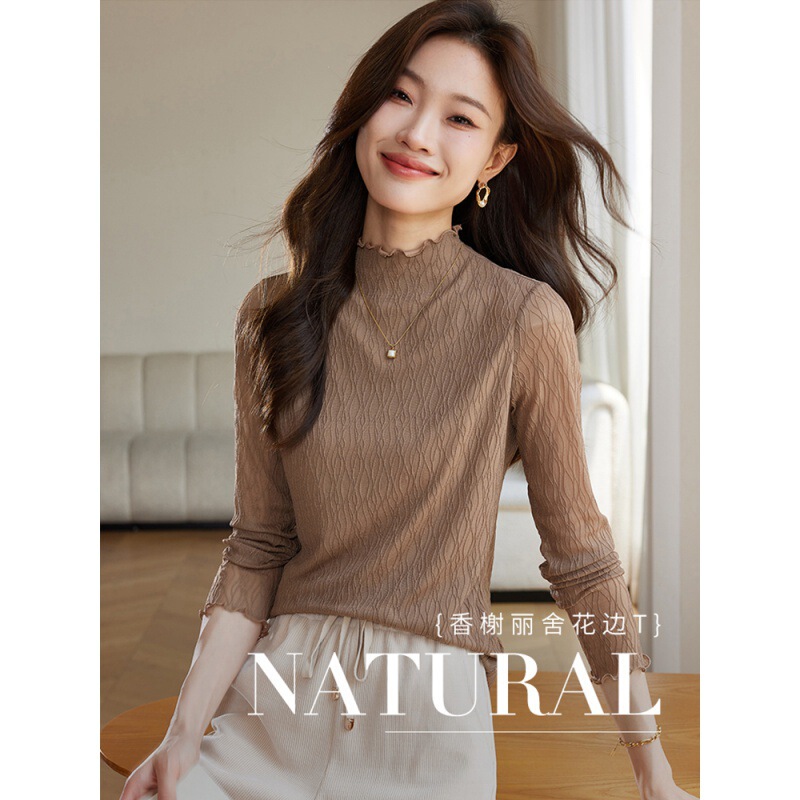 In stock new texture lace bottoming shirt for women 2024 spring new lace half turtleneck inner long sleeve T-shirt top