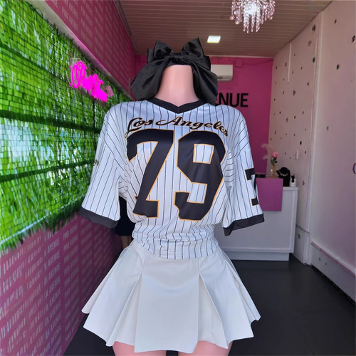 European and American casual fashion loose street print trendy V-neck short-sleeved top sports-style striped T-shirt