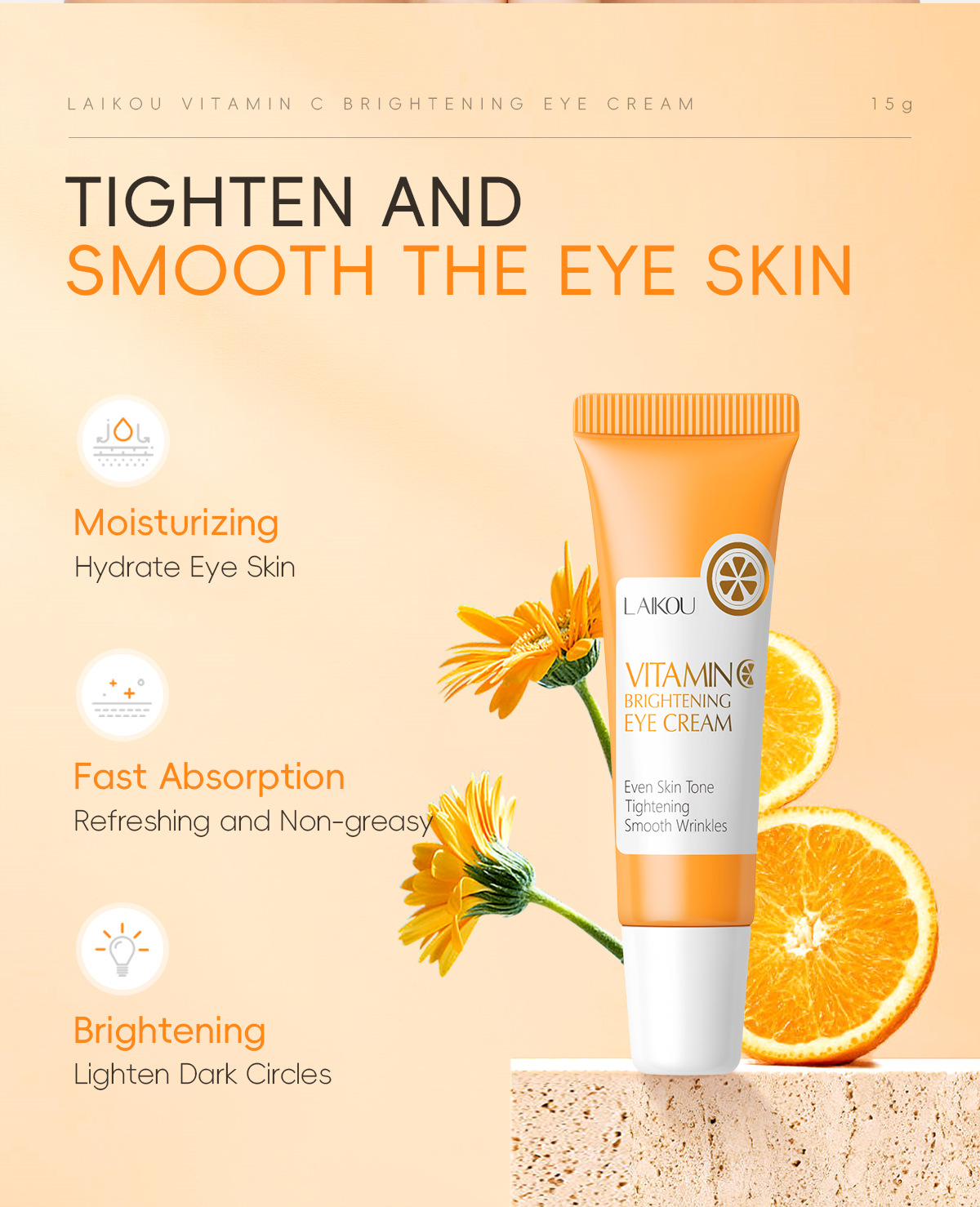 Cross-border laikou Vitamin c Eye Cream 15g hydrates, moisturizes and cares for the skin around the eyes to brighten the complexion. Factory wholesale undefined
