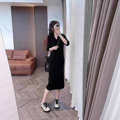 过膝polo连衣裙女夏季宽松遮肚大码翻领气质休闲运动中长款T恤裙
