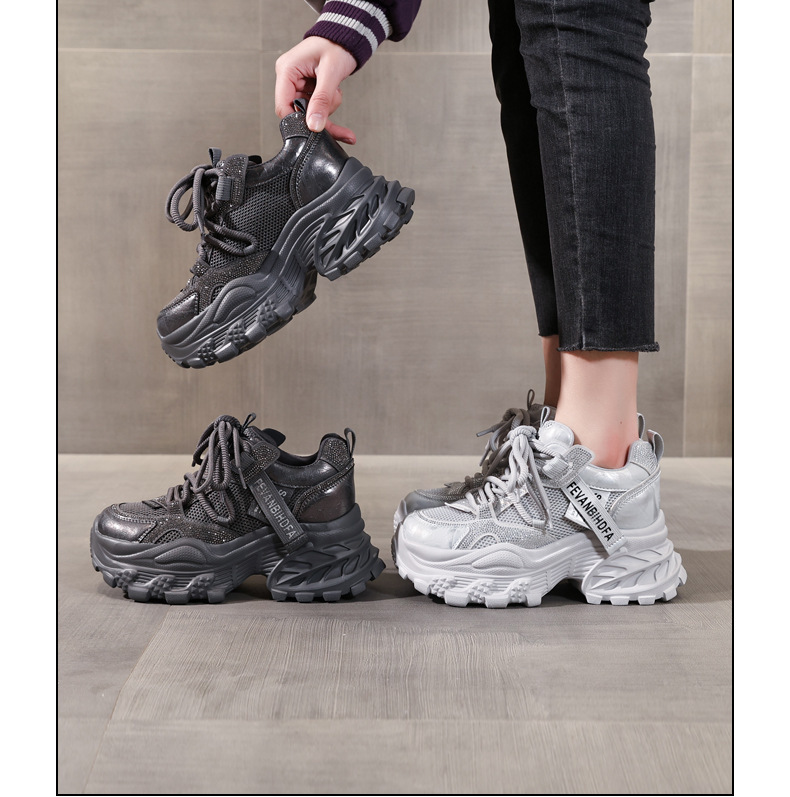 Giày sneaker nữ chunky đế dày tăng chiều cao đính đá rhinestone phong cách thể thao — Màu súng chi tiết 17