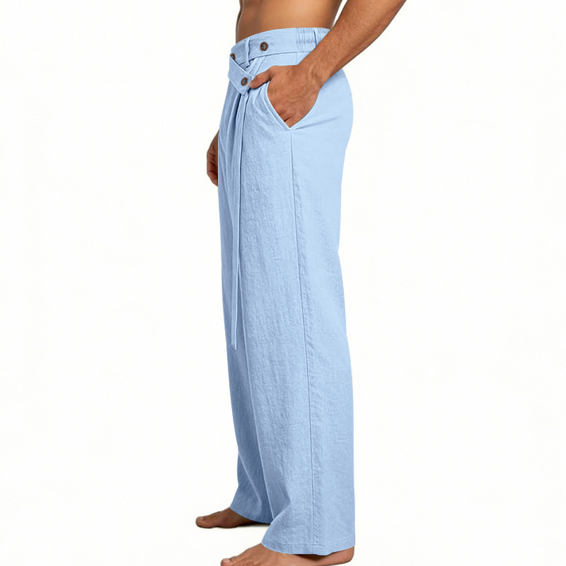 Men's Solid Color Linen Pants Simple Loose Fit High End Straight Leg Casual Midweight Polyester Long Trousers_viptrois.com