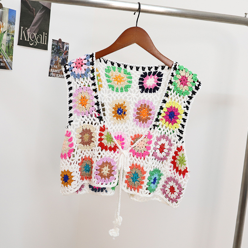 Retro Vest, Bohemian Handmade Crocheted Lace-Up Cardigan, Colorfulful Ethnic Style Vacation Vest