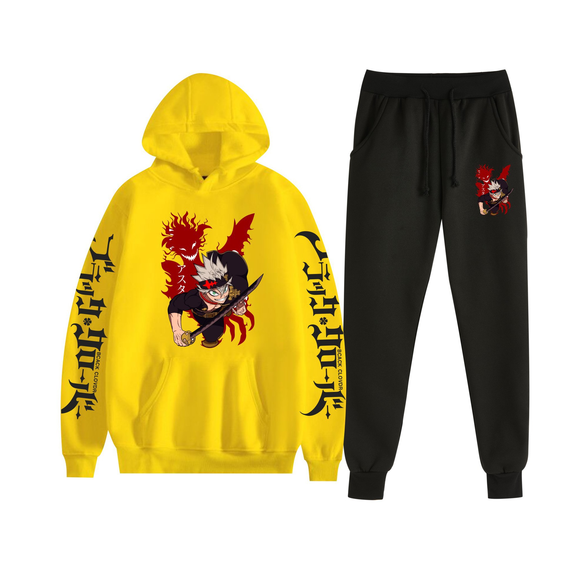 Trébol de cuatro hojas negro nuevo estilo transfronterizo Black Clover pareja suéter con capucha hombres y mujeres pantalones de dos piezas