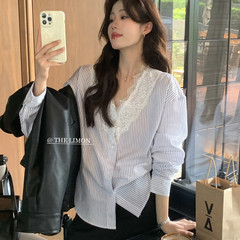 the limon柠檬绿茶2025秋季设计感法式蕾丝拼接条纹衬衫女上衣