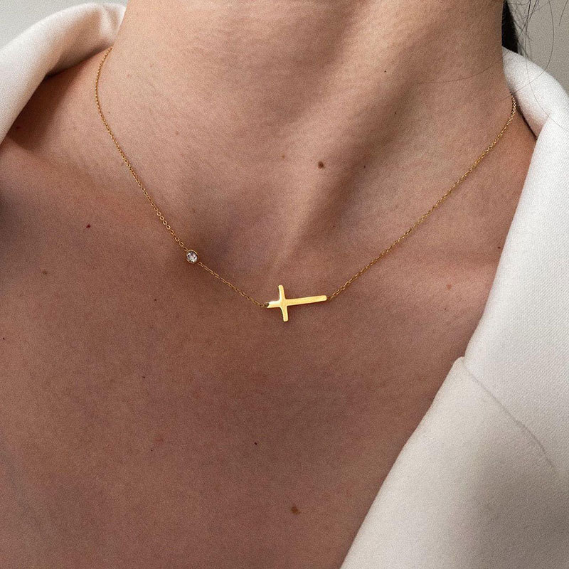 1 Piece Quantity 304 Stainless Steel Zircon Cross Cable Chain Pendant Necklace