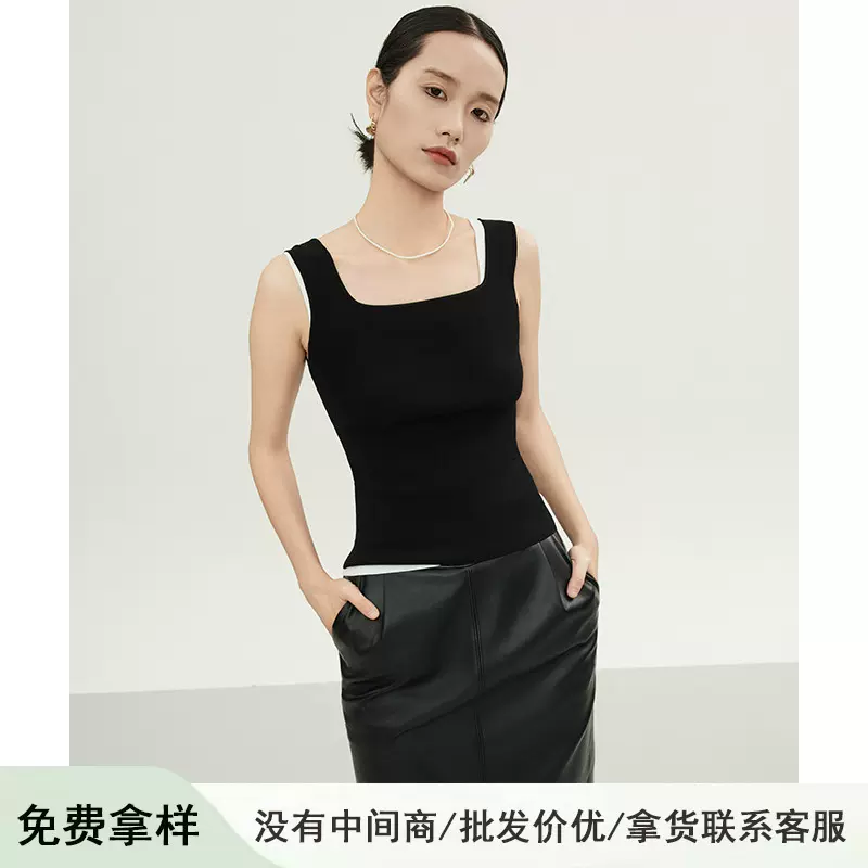 春夏新款冰丝曲珠抗变形针织背心外穿方领无袖上衣遮副乳吊带背心