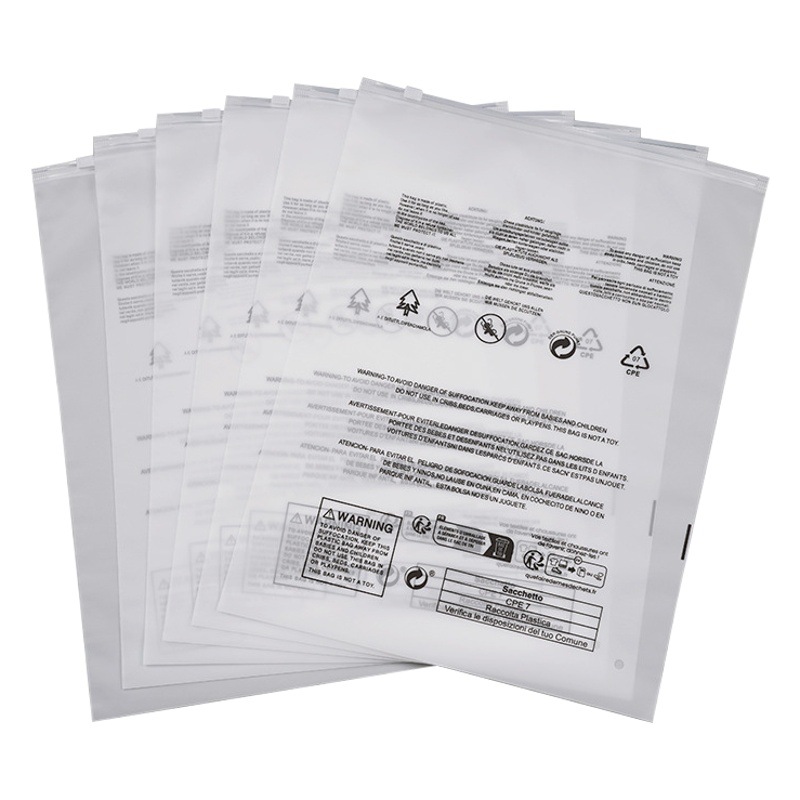 Bolsas con cierre y etiqueta de advertencia en stock, bolsas transparentes esmeriladas con cierre de Temu para ropa, calcetines y embalaje de prendas, personalizables.