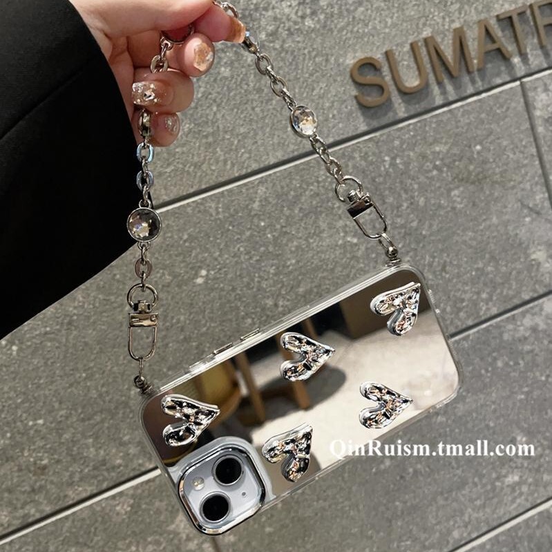 Electroplated love for iPhone14promax mirror mobile phone case Apple 13PM new 15 slung chain female 12