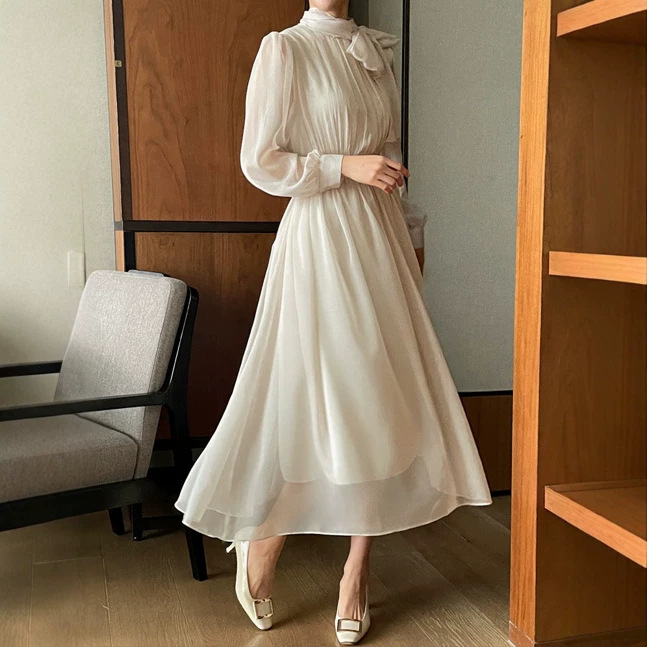 Cross-Border Gentle and Elegant Korean Chic Solid Color Dress, Tie-Waist Long-Sleeve Ladylike Dress, Korean Style Dress