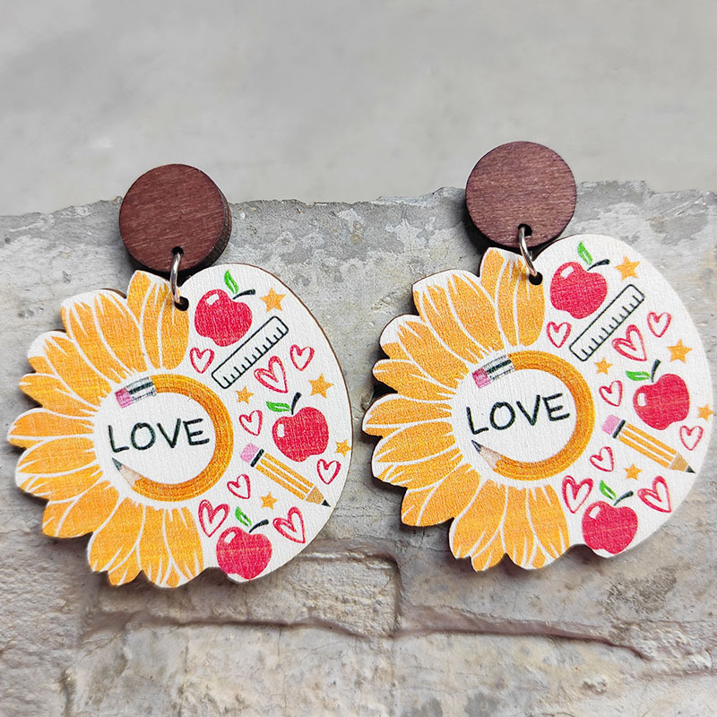 1 Pair Fashion Sunflower Letter Wood Patchwork Women's Drop Earrings display picture 5