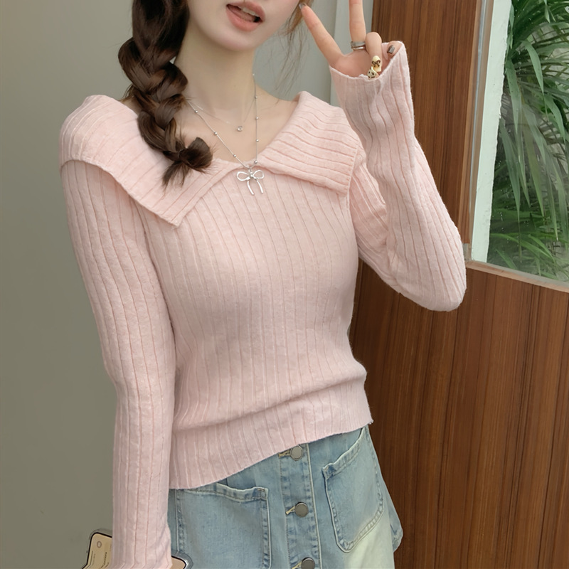 Pink shawl collar knit sweater for women, autumn 2026 new style, casual niche off-shoulder slim-fit sweater top for women