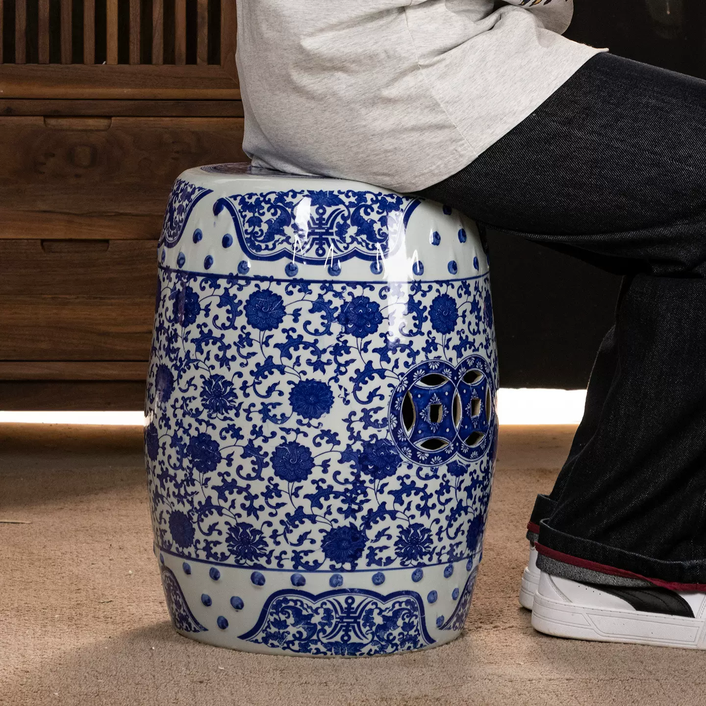 雨彤家居青花瓷缠枝莲山水陶瓷鼓凳新中式茶室凳鼓墩坐墩矮凳圆凳