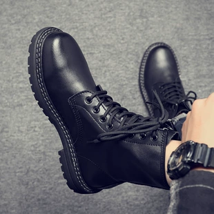 Рабочие ботинки (Martens) черный натуральная кожа, ботинки высокого английского стиля, плюс размеры
