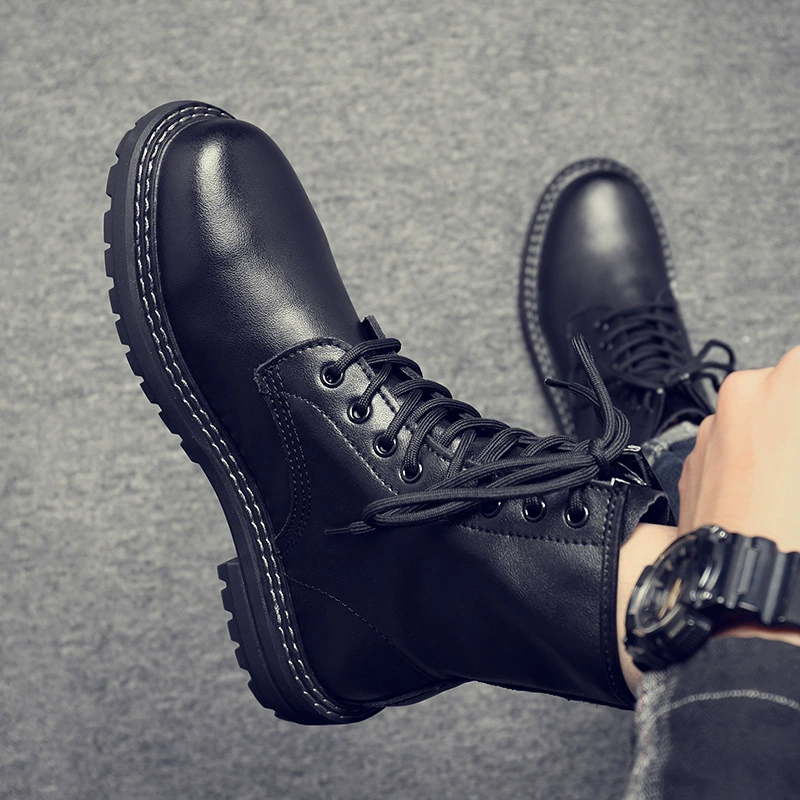 Рабочие ботинки (Martens) черный натуральная кожа, ботинки высокого английского стиля, плюс размеры