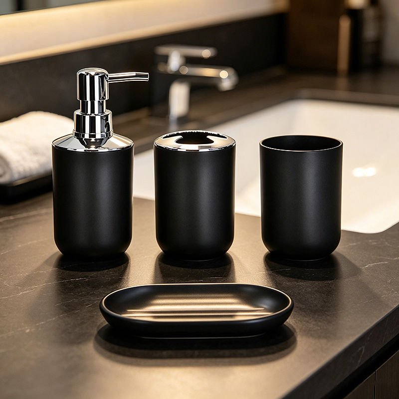 Kit de baño set de artículos de higiene set botella de desinfectante de manos cepillo de dientes taza cepillo de inodoro bote de basura set de 6 piezas image 11